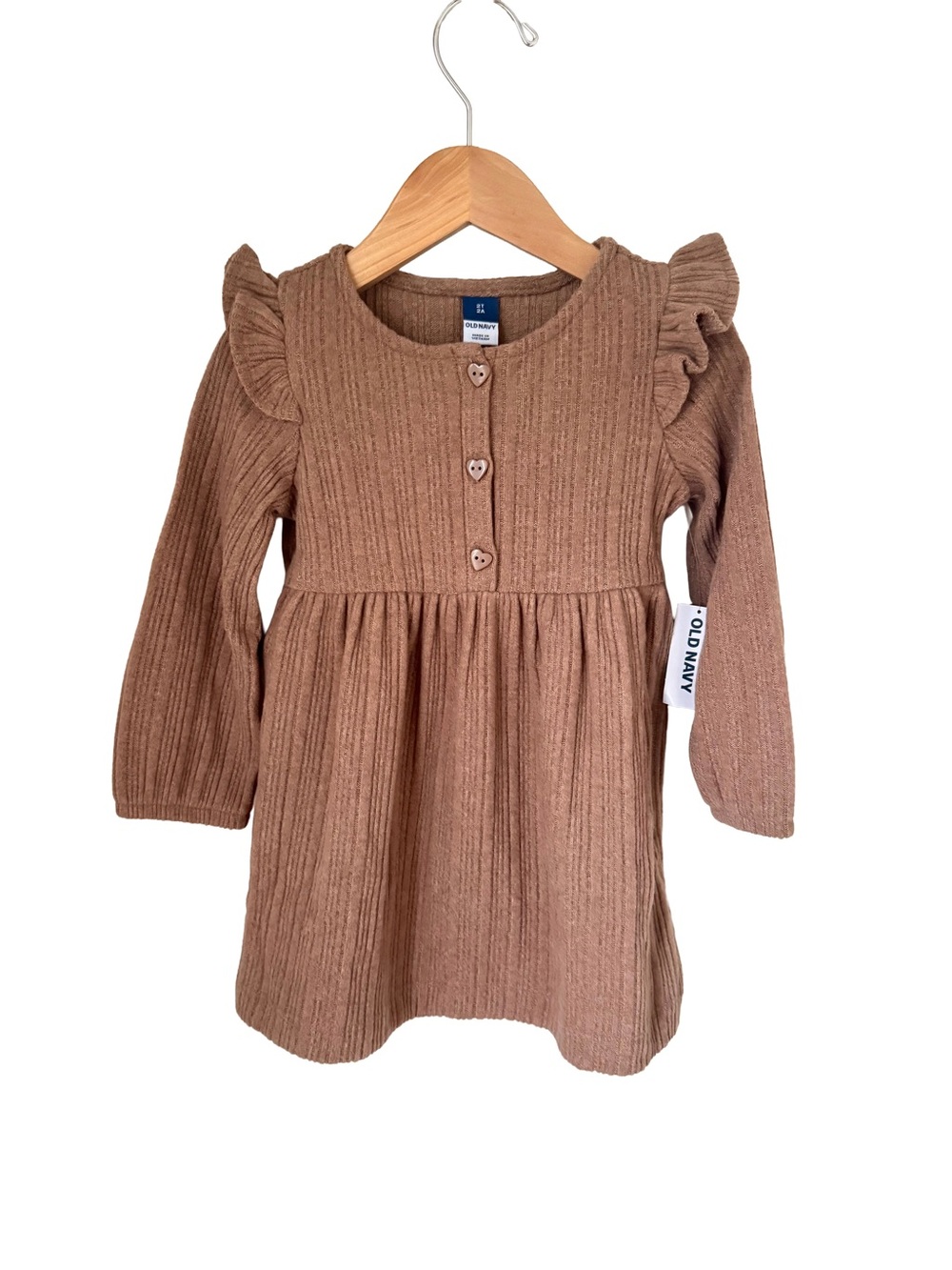 Old Navy Brown Ribbed Long-Sleeve Dress with Ruffle Shoulders Heart Buttons 2T